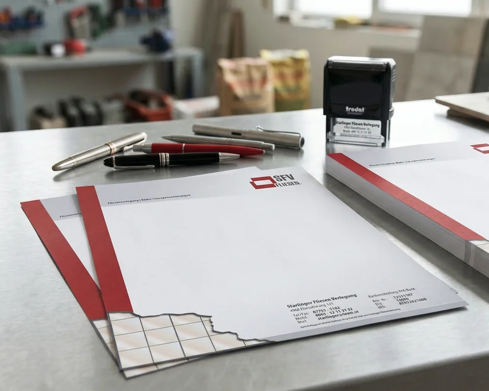 Starlinger Fliesenverlegung bestellt einseitig bedrucktes Business-Briefpapier in Österreich.