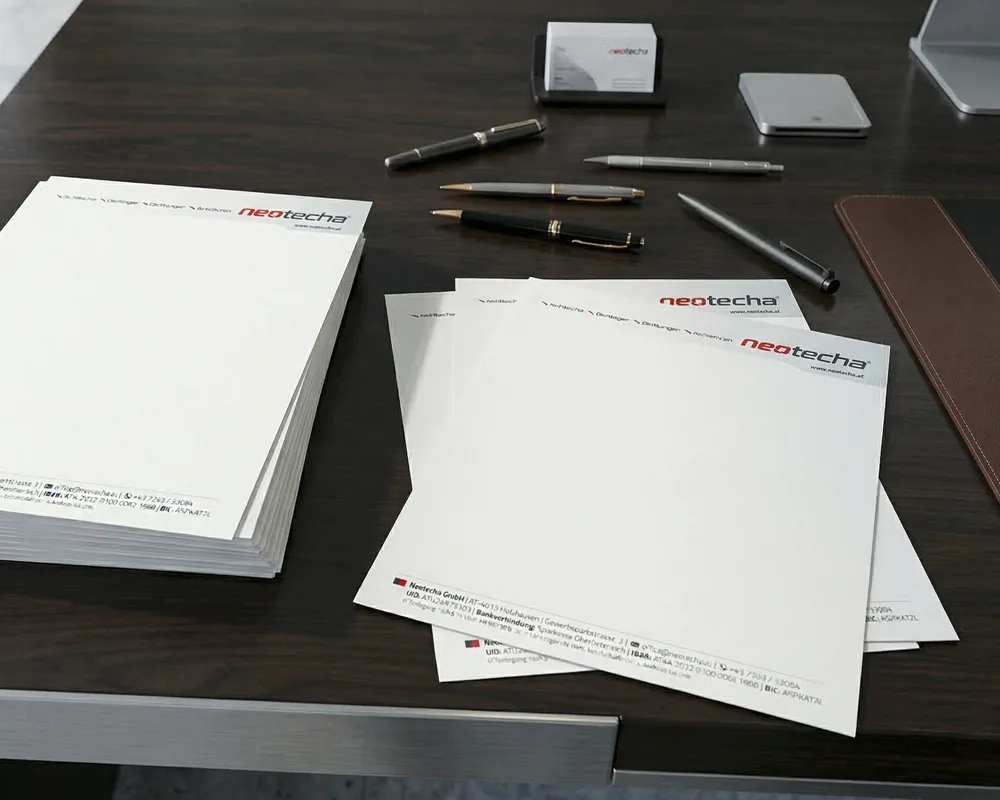 Hochwertig bedrucktes Briefpapier mit beidseitigem Aufdruck für das Unternehmen Neotecha.