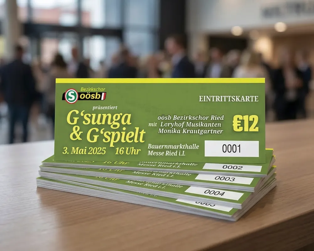 Individuell bedruckte Eintrittskarten im Sonderformat für das „Gsunga & Gspielt“ Event des OÖ Seniorenbundes, realisiert auf nachhaltigem 300g/m² Recyclingkarton mit individueller Nummerierung.