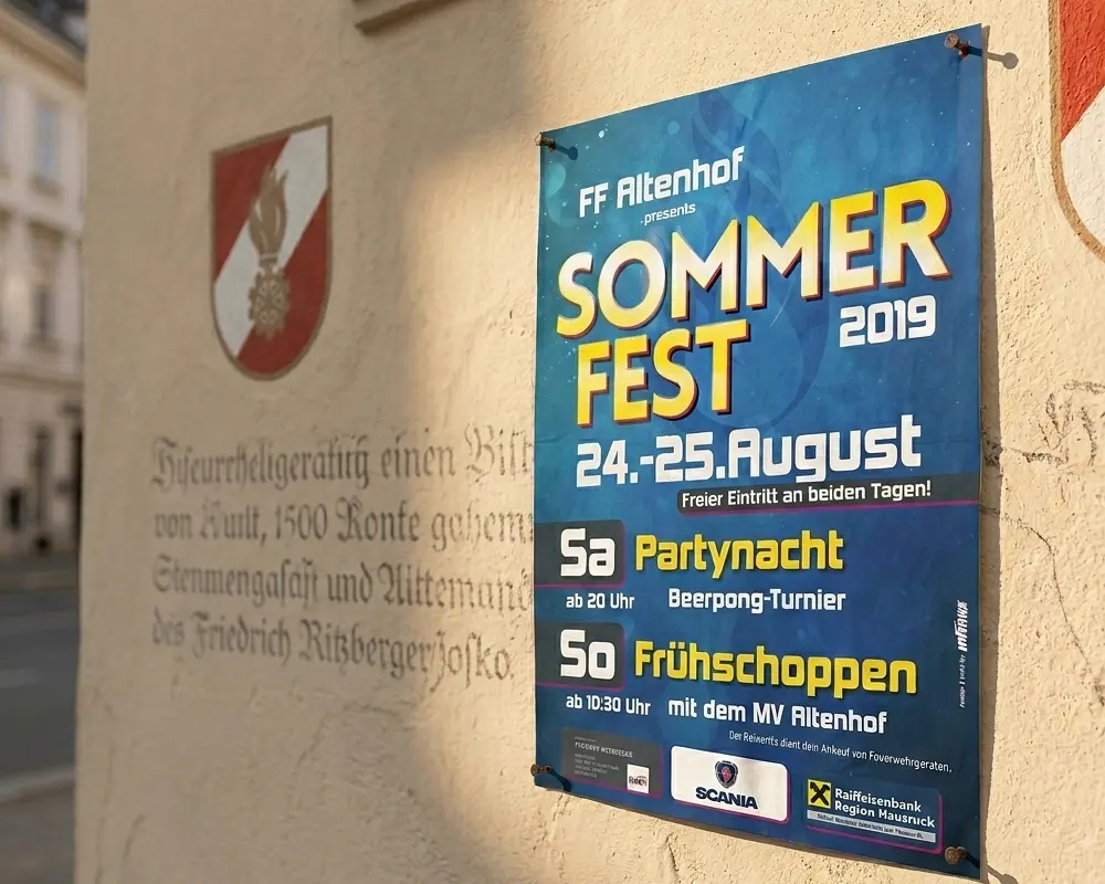Brillanter Plakatdruck für Events, aufgehängt an einem Holzzaun zur Außenwerbung.