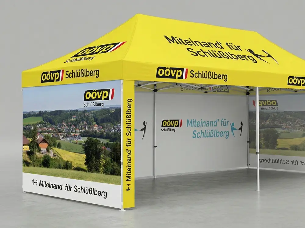 Seitenwände aus imprägniertem Premium-Zellstoff mit hochwertigem 4c Direktdruck und professionelles Zubehör für Faltpavillons und Expresszelte.