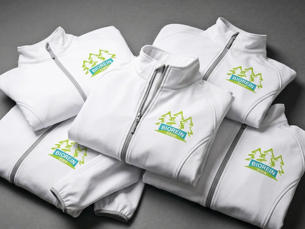 Präzise Umsetzung Deiner Corporate Identity auf Fleece-Materialien mittels farbechtem DTF-Digitaltransfer in den exakten Firmenfarben Deines Designs.