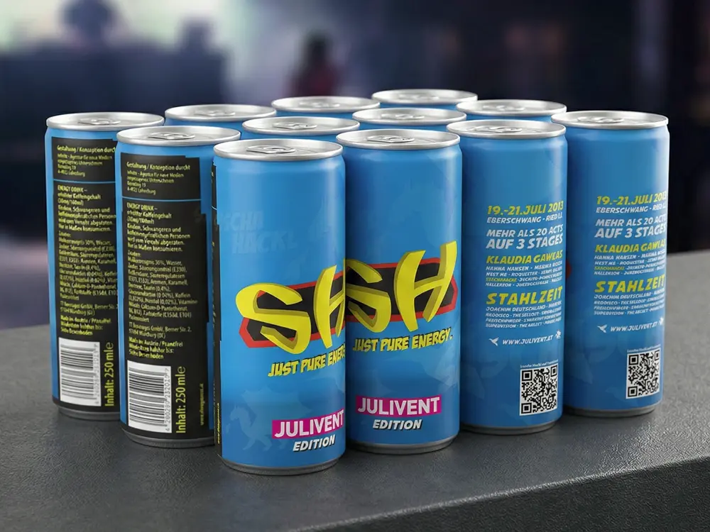 Individuell bedruckte Energydrinks als klassische Werbegetränke für Events, Festivals und Clubs mit fotorealistischem 4c Etikett