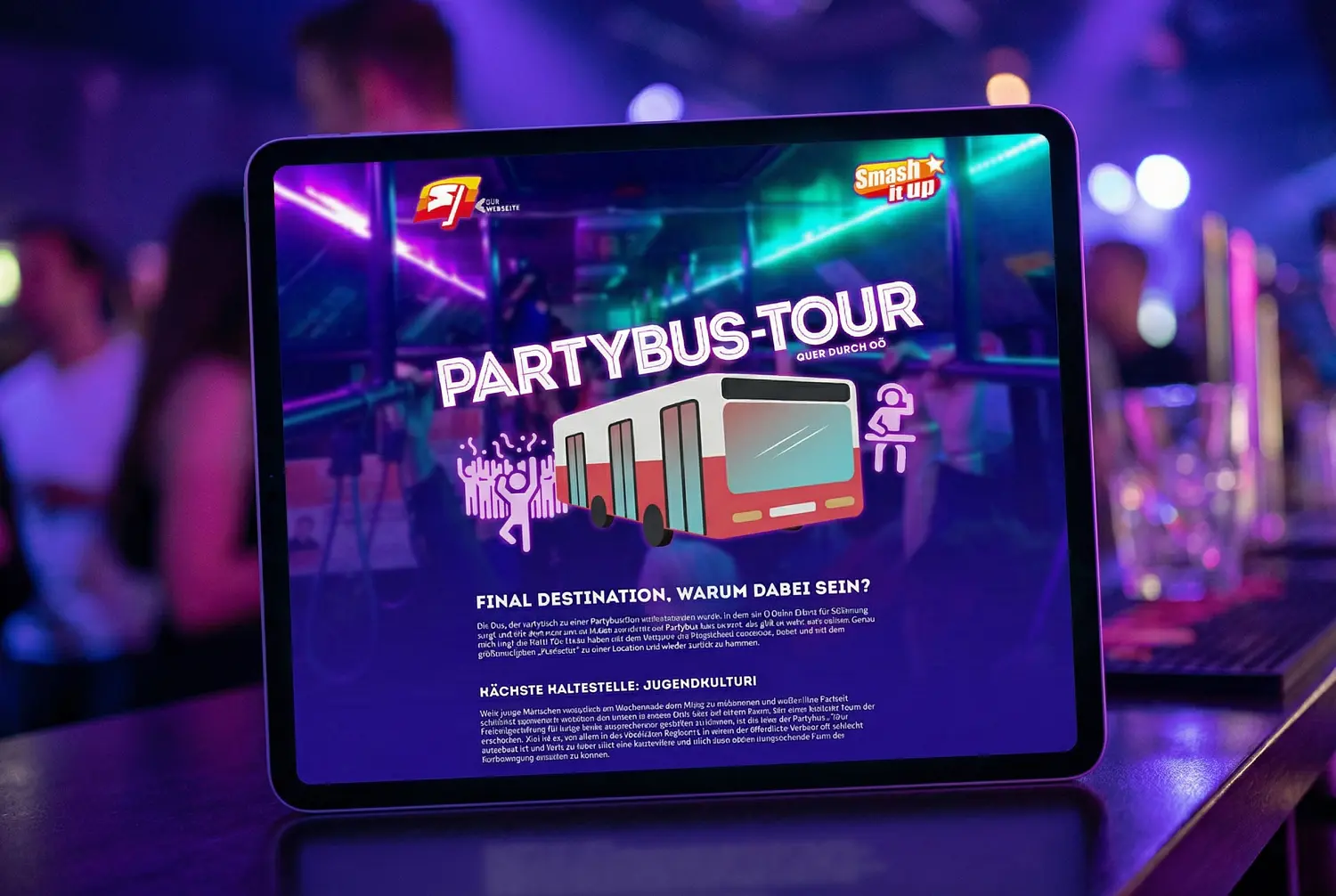 Grafikdesign für Event-Branding und Webprogrammierung einer Eventseite für die Partybus-Tour der SJ OÖ: Realisierung durch die Agentur infinite.