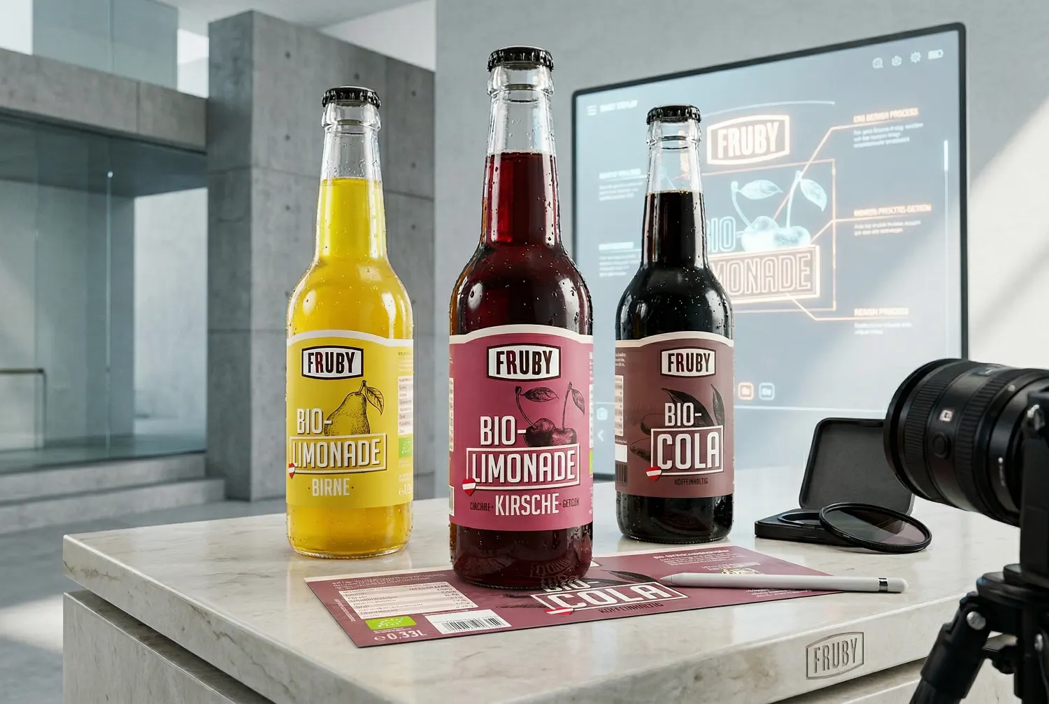 Markenentwicklung und Etikettengestaltung für die Bio-Limonade Fruby: Konzeption der Corporate Identity und Werbemittel durch die Agentur infinite.