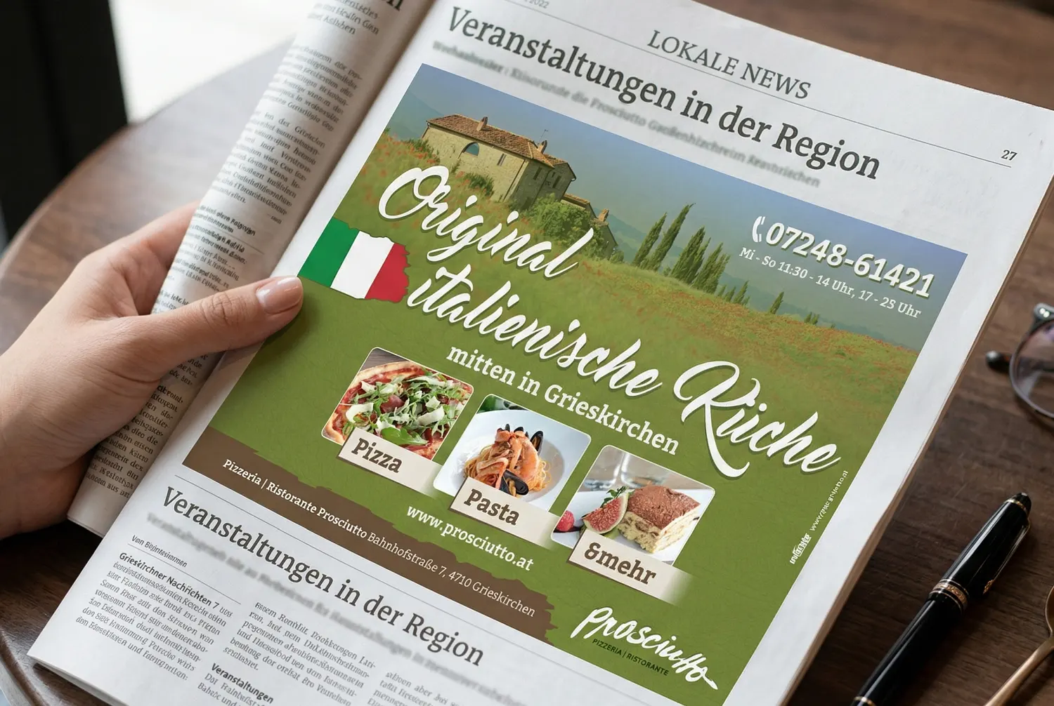 Ganzheitliches Rebranding und Speisekarten-Design für Prosciutto (Pizza Pasta Gastronomie GmbH): Modernes Webdesign und Printmedien-Umsetzung durch infinite.
